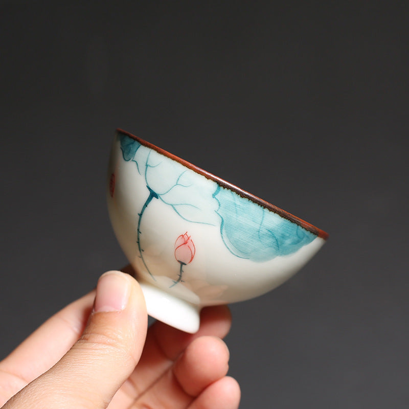 PINNY 45ML Porcelain Hand Painted Lotus Teacups Chinese Kung Fu Tea Cups Traditional Chinese Tea Bowl Ceramic Drinkware
