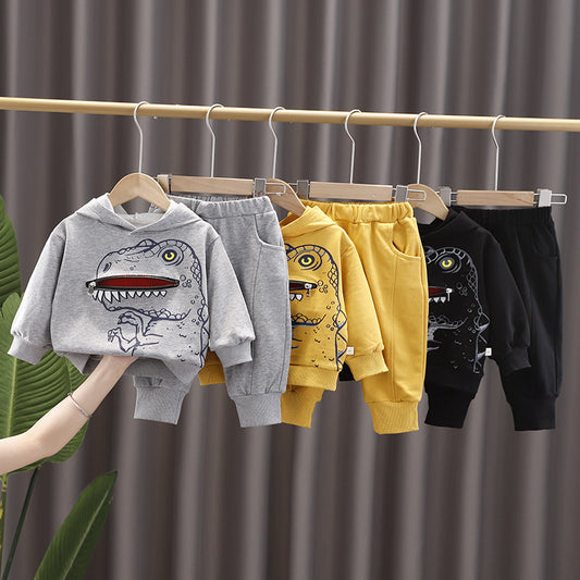 Boys Cartoon Dinosaur Children's Clothing Hooded Cotton Sweater Autumn Two-piece Set