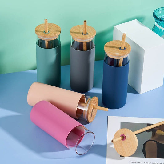 Bamboo Cover High Temperature Resistant Borosilicate Cup With Straw