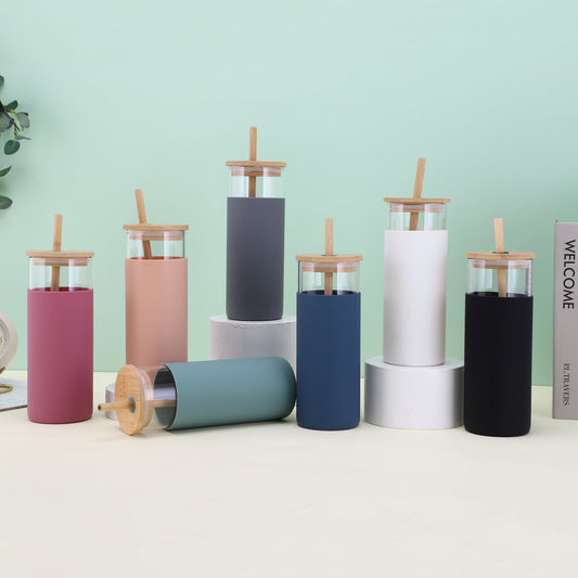 Bamboo Cover High Temperature Resistant Borosilicate Cup With Straw