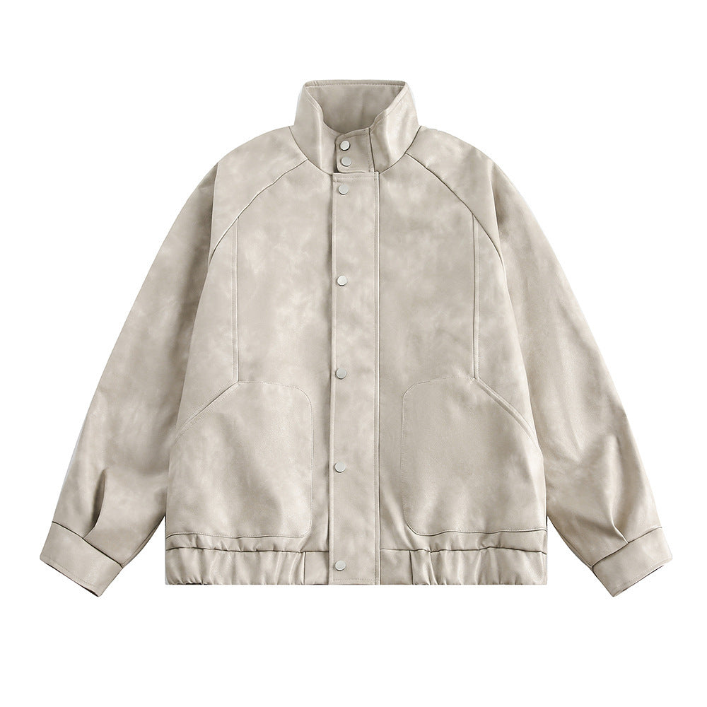 Solid Color Leather Clothing With Stand Collar Coat For Men Spring And Autumn