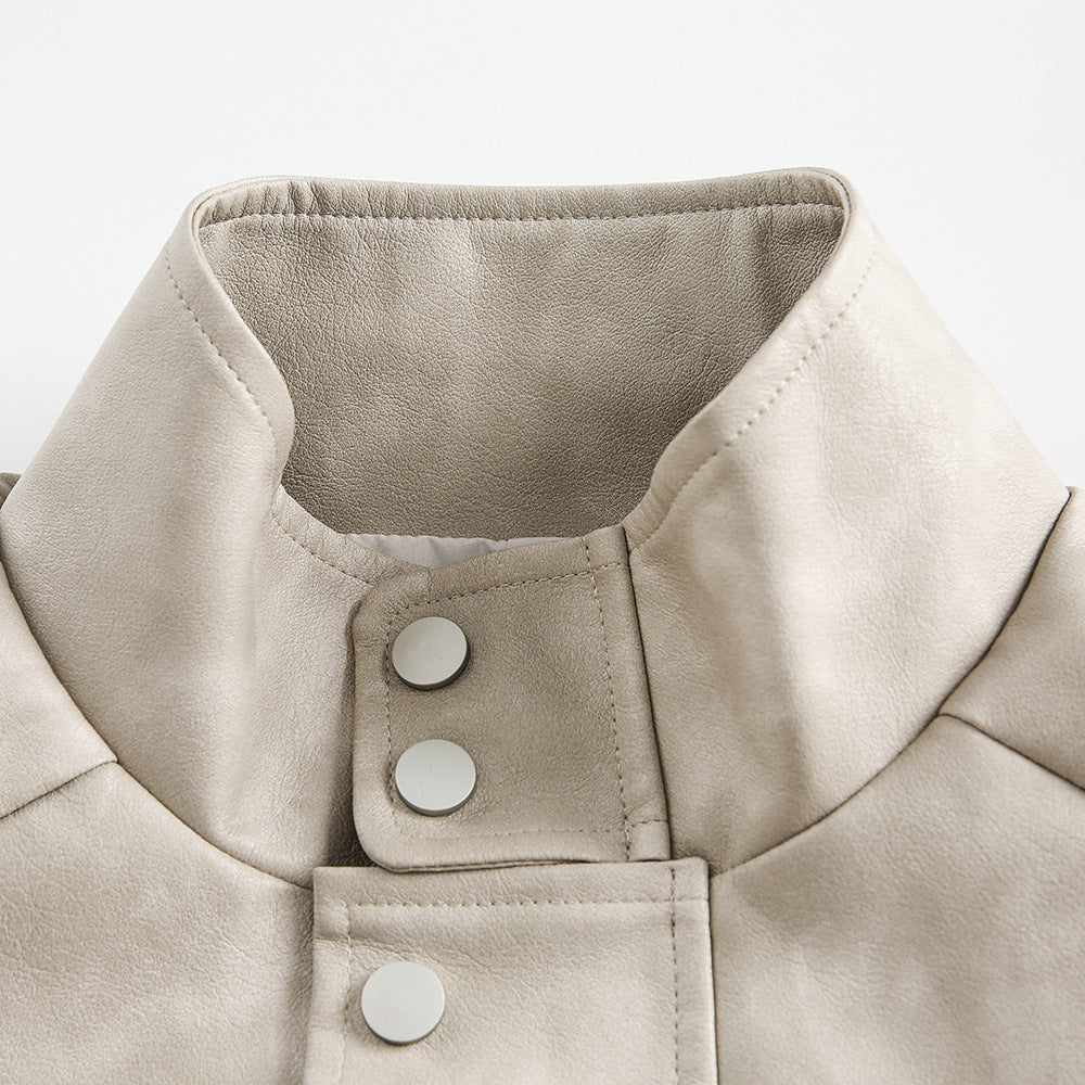 Solid Color Leather Clothing With Stand Collar Coat For Men Spring And Autumn