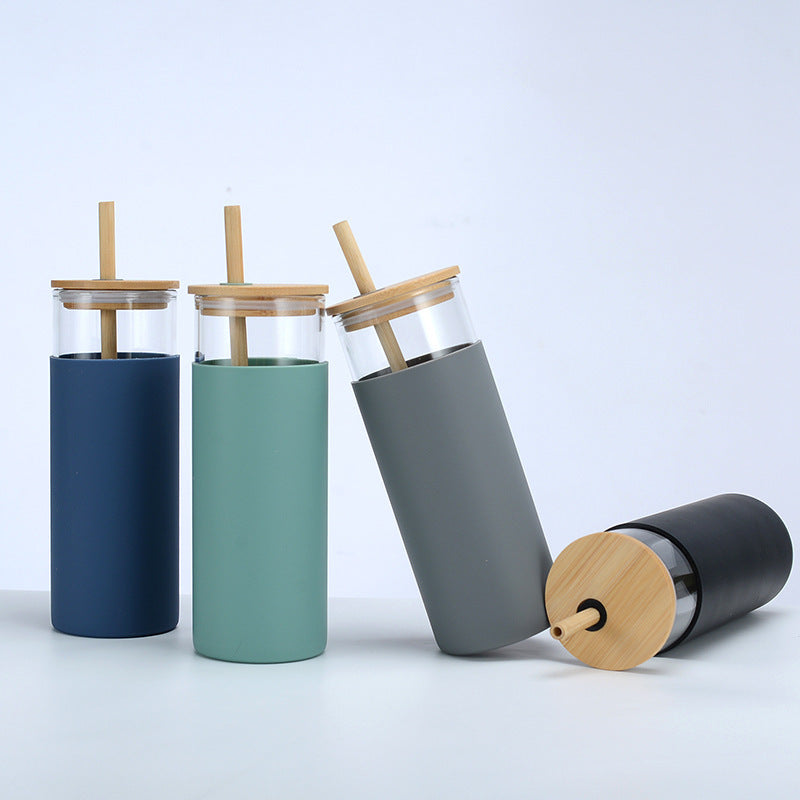 Bamboo Cover High Temperature Resistant Borosilicate Cup With Straw