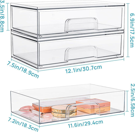 12.1in 30.7cm W Clear Stackable Storage Drawers,2 Pack Acrylic Plastic Organizers Bins For Makeup Palettes, Cosmetics, And Beauty Supplies,Ideal For Vanity, Bathroom,Cabinet,Desk Organization