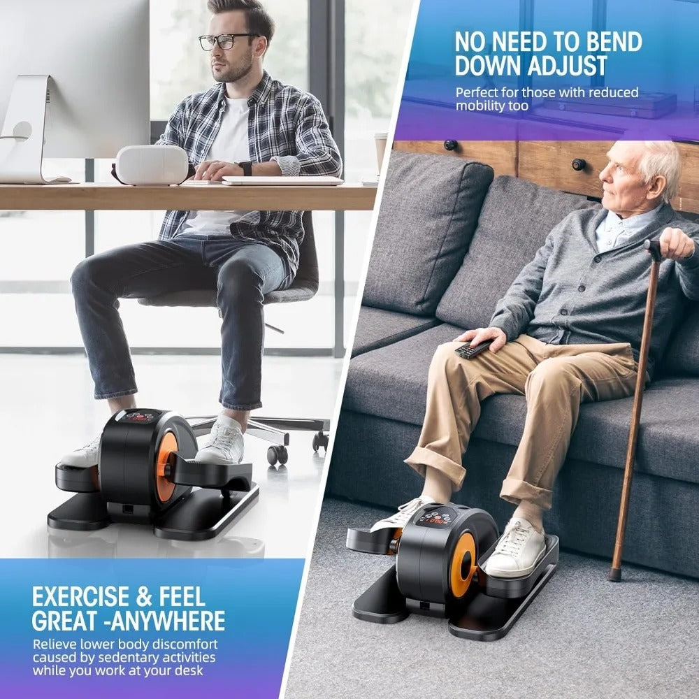 Seated workout on under desk elliptical machine with no need to bend down