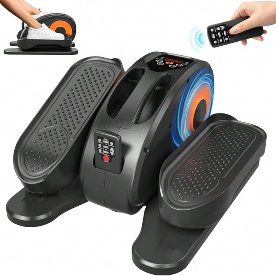 Front view of under desk elliptical leg exerciser with remote placed beside pedals