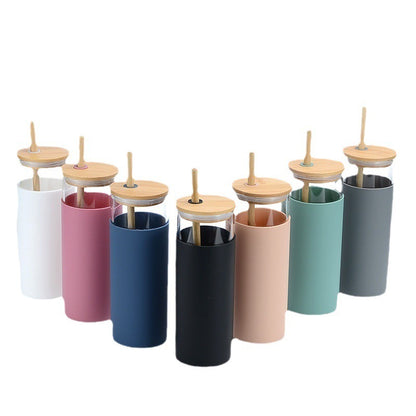 Bamboo Cover High Temperature Resistant Borosilicate Cup With Straw