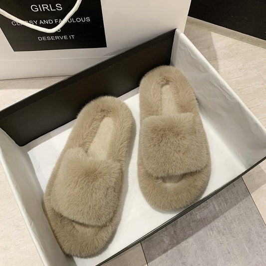 Ladies Fur Slippers Light Board Solid Color Home Shoes Women Shoes