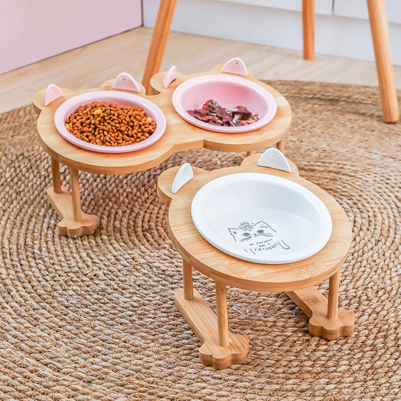Ceramics Puppy Cat Dog Pet Single And Double Food Bowl For Eating And Drinking With Wooden Frame Pets Supplies Feeding Dish