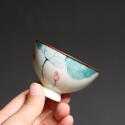 PINNY 45ML Porcelain Hand Painted Lotus Teacups Chinese Kung Fu Tea Cups Traditional Chinese Tea Bowl Ceramic Drinkware
