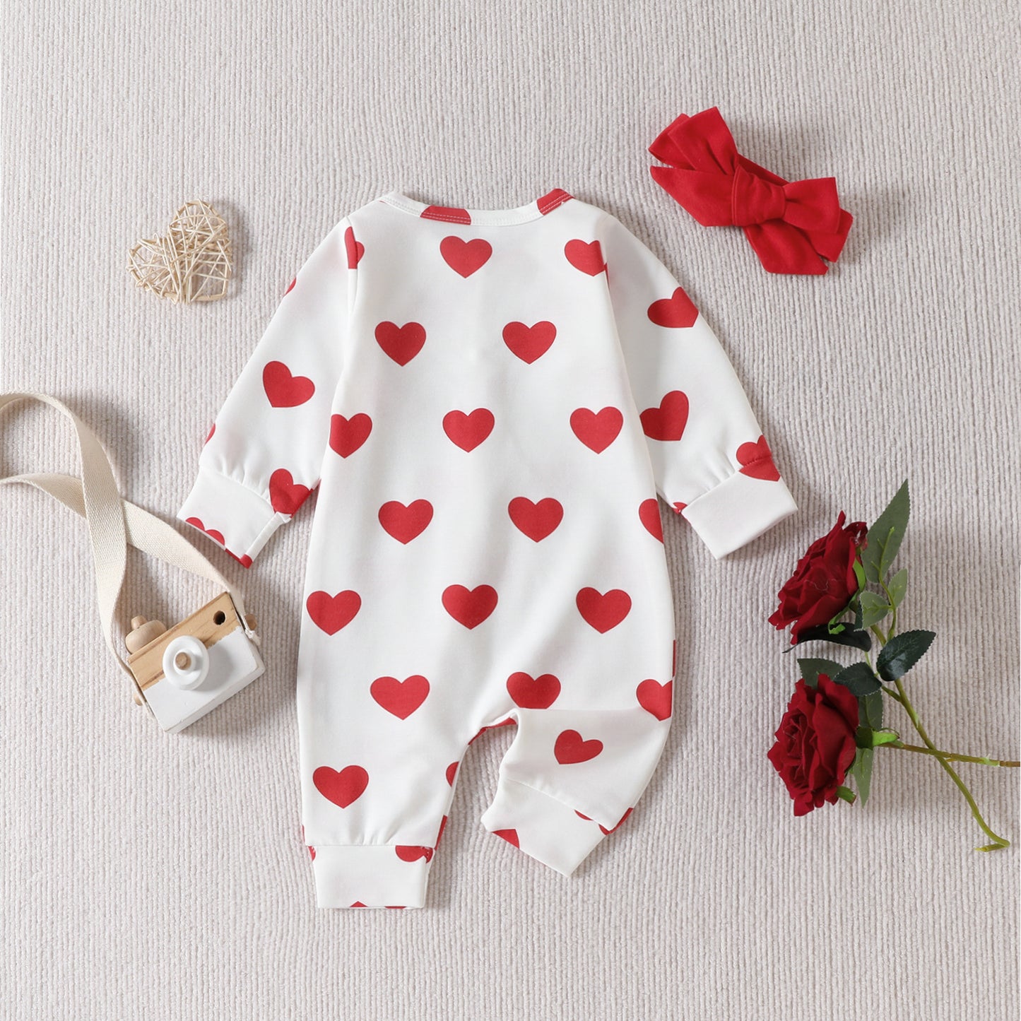 Infants And Toddlers One-piece Climbing Suit Valentine's Day Love Printed Clothes Headband Two-piece Set