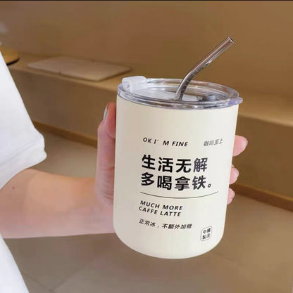 Stainless Steel Ice Beauty Vacuum Double Round Straw Straight Household Portable Coffee Cup