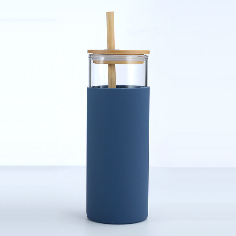 Bamboo Cover High Temperature Resistant Borosilicate Cup With Straw