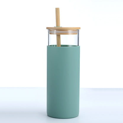 Bamboo Cover High Temperature Resistant Borosilicate Cup With Straw