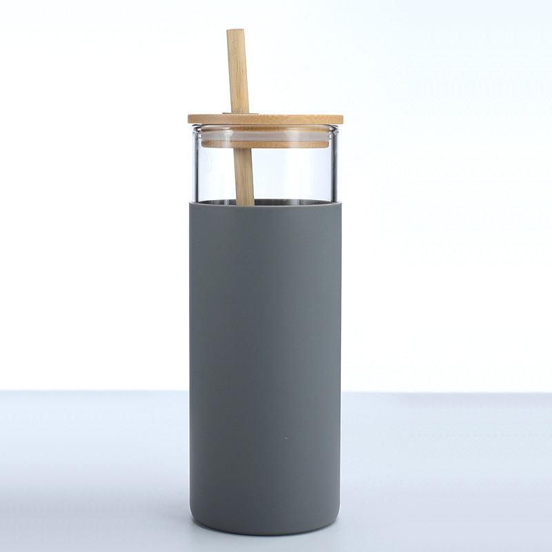 Bamboo Cover High Temperature Resistant Borosilicate Cup With Straw