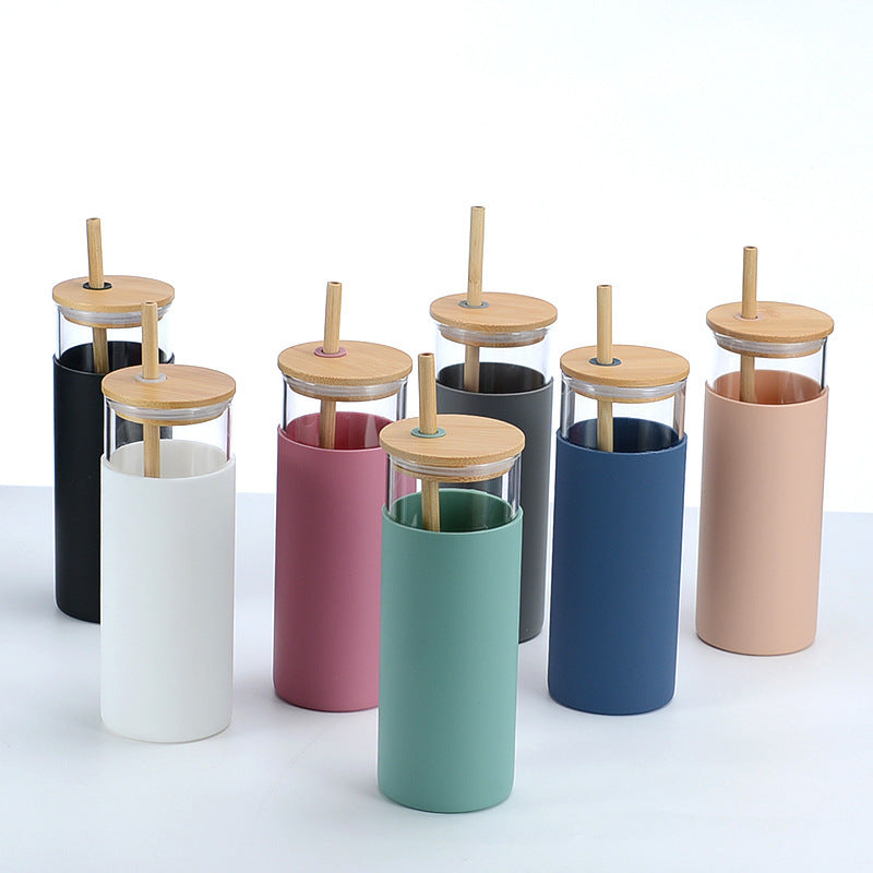 Bamboo Cover High Temperature Resistant Borosilicate Cup With Straw