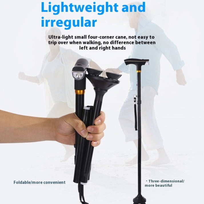Folding Cane Elderly Four Foot Stick Thickened Retractable With Light