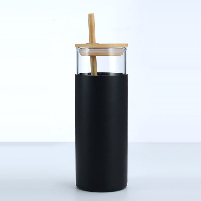 Bamboo Cover High Temperature Resistant Borosilicate Cup With Straw