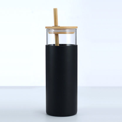 Bamboo Cover High Temperature Resistant Borosilicate Cup With Straw