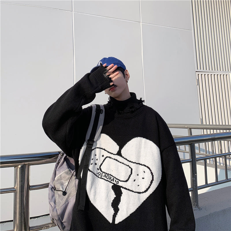 Heart Band-Aid Jacquard Couples Versatile Knit Sweater