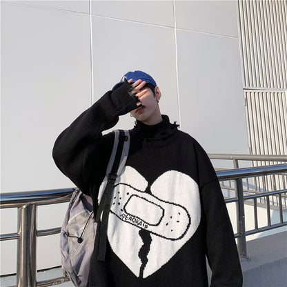 Heart Band-Aid Jacquard Couples Versatile Knit Sweater