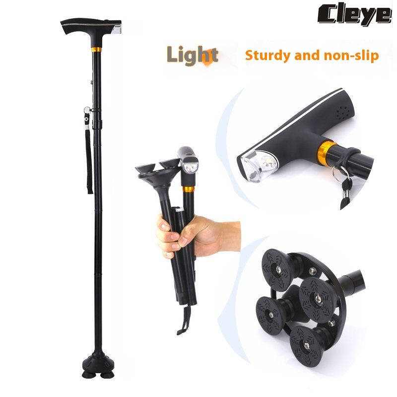 Folding Cane Elderly Four Foot Stick Thickened Retractable With Light