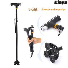 Folding Cane Elderly Four Foot Stick Thickened Retractable With Light