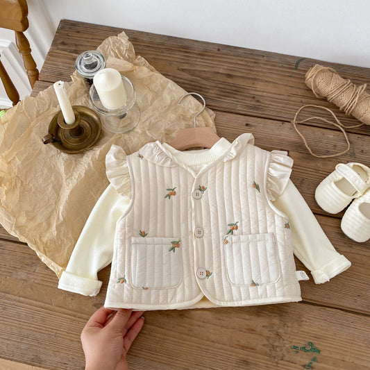 Girls' Fleece-lined Children's Clothing Baby Girls' Quilted Embroidered Jacket Children's Flounced Sleeve Top