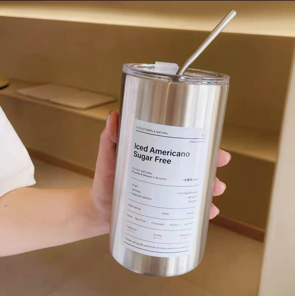 Stainless Steel Ice Beauty Vacuum Double Round Straw Straight Household Portable Coffee Cup