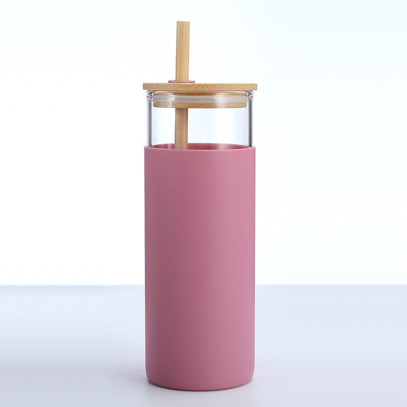 Bamboo Cover High Temperature Resistant Borosilicate Cup With Straw