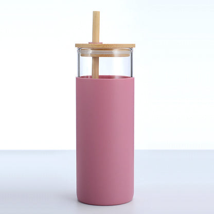 Bamboo Cover High Temperature Resistant Borosilicate Cup With Straw