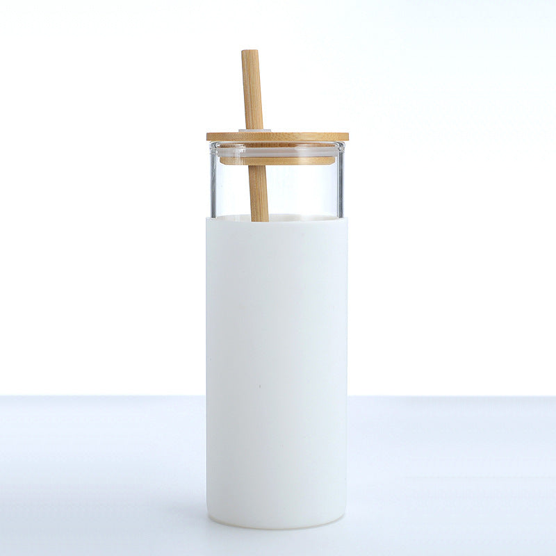 Bamboo Cover High Temperature Resistant Borosilicate Cup With Straw