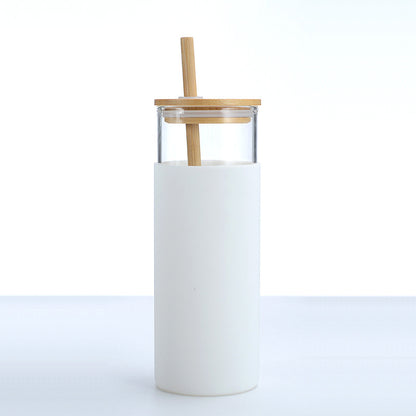 Bamboo Cover High Temperature Resistant Borosilicate Cup With Straw
