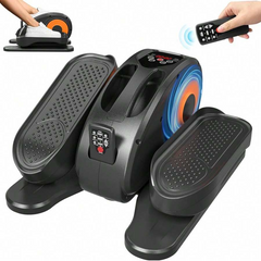 Front view of under desk elliptical leg exerciser with remote placed beside pedals